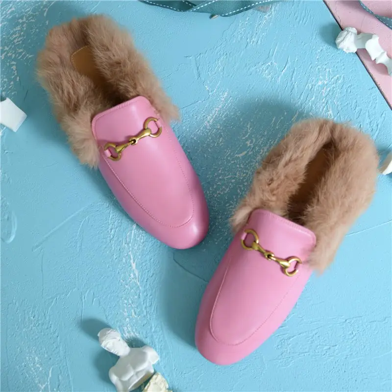 

Plus Size 34-44 New Genuine Leather Slippers Women Shoes Flat Fur Slipper Luxury Women's Mules Fashion Ladies Shoes