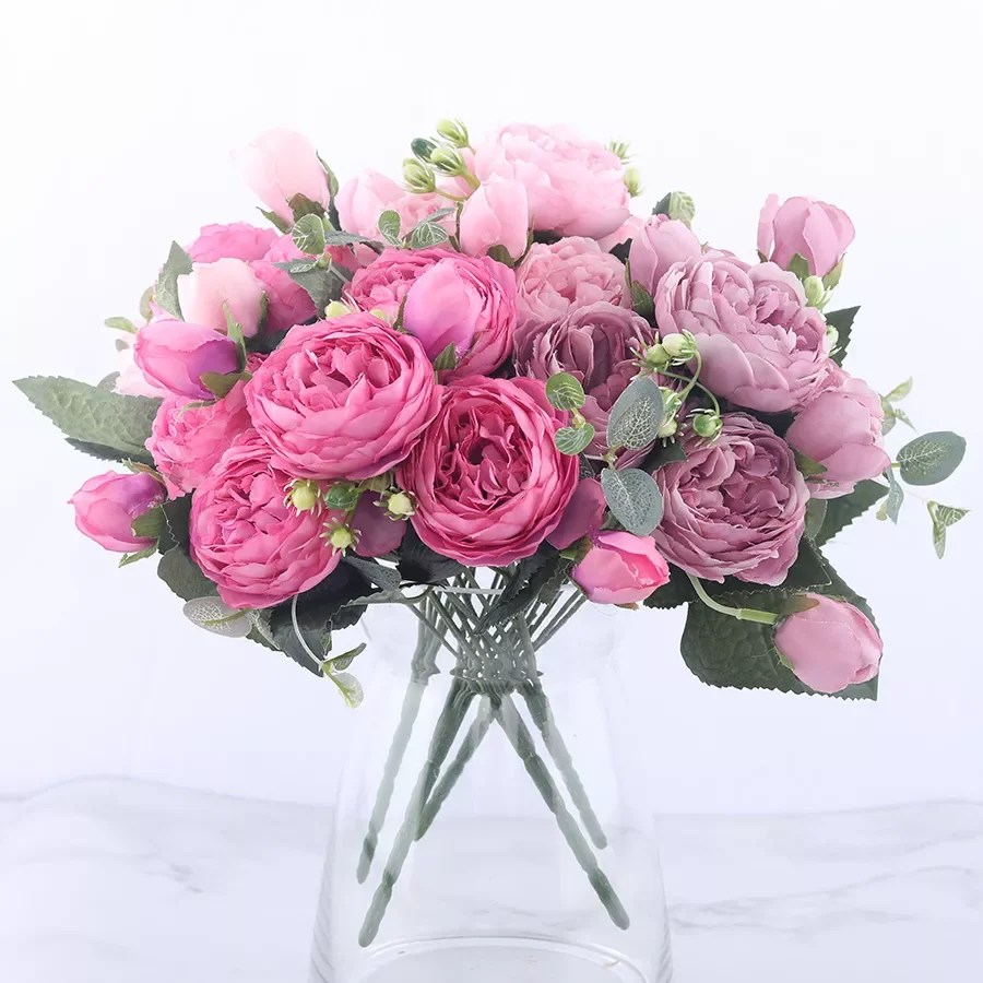 

2022New 30cm Rose Pink Silk Peony Artificial Flowers Bouquet 5 Big Head and 4 Bud Cheap Fake Flowers for Home Wedding Decoration