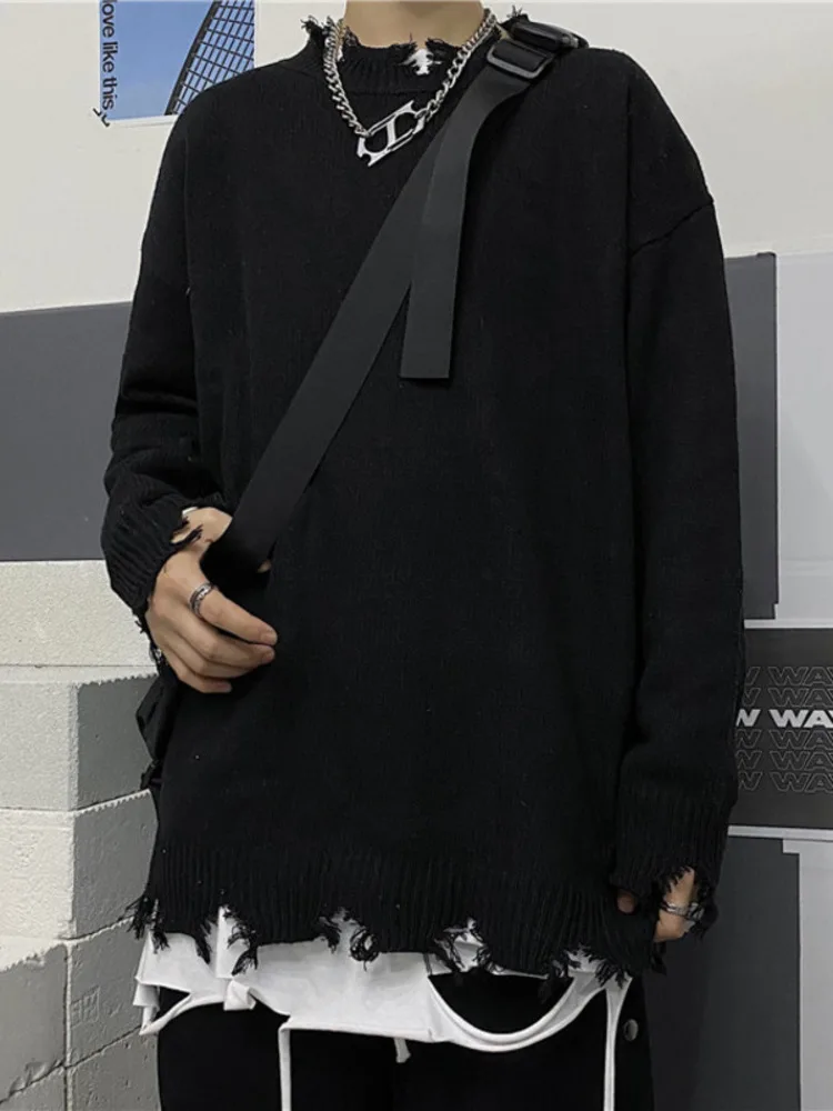 Рваный свитер PFNW уличная одежда в стиле хип-хоп однотонный пуловер с круглым