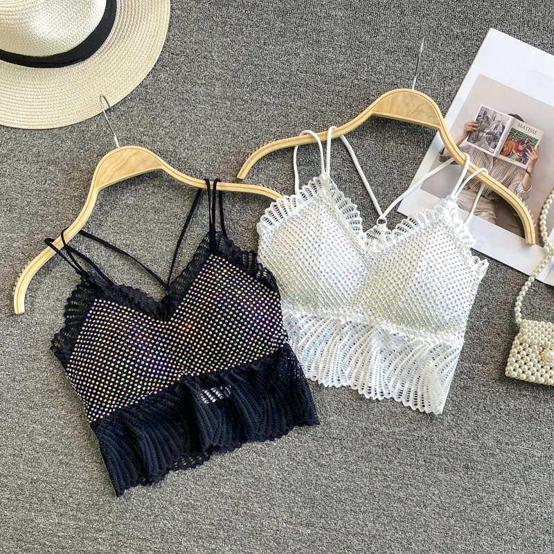 

Бюстгальтер на тонких бретельках, майка, Женский Топ, майка с отделкой на груди, женский топ с блестками, Прямая поставка