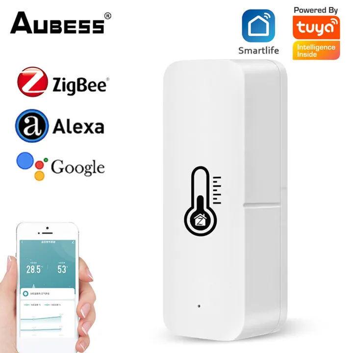 

Умный датчик температуры и влажности Aubess Tuya ZigBee, датчик мониторинга и напоминания через приложение Smart Life, с голосовым управлением, Alexa Google ...