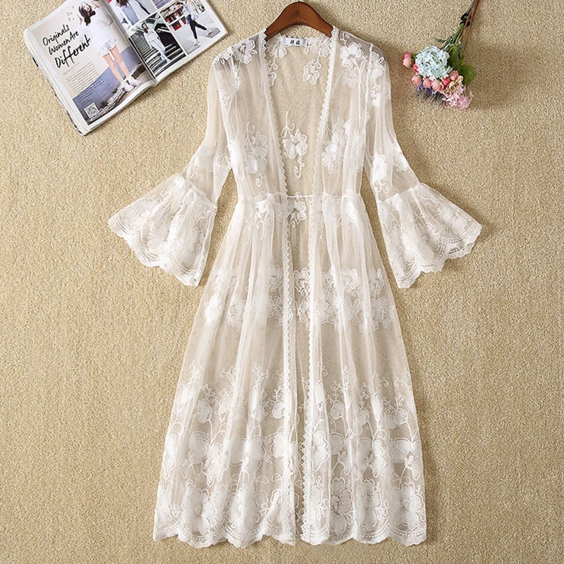

Casual Lace Mesh Embroidery Shawl Tops Women 2022 Summer Thin Sun Protection Ladies Loose Coat Flared Sleeve Mid-Length Cardigan