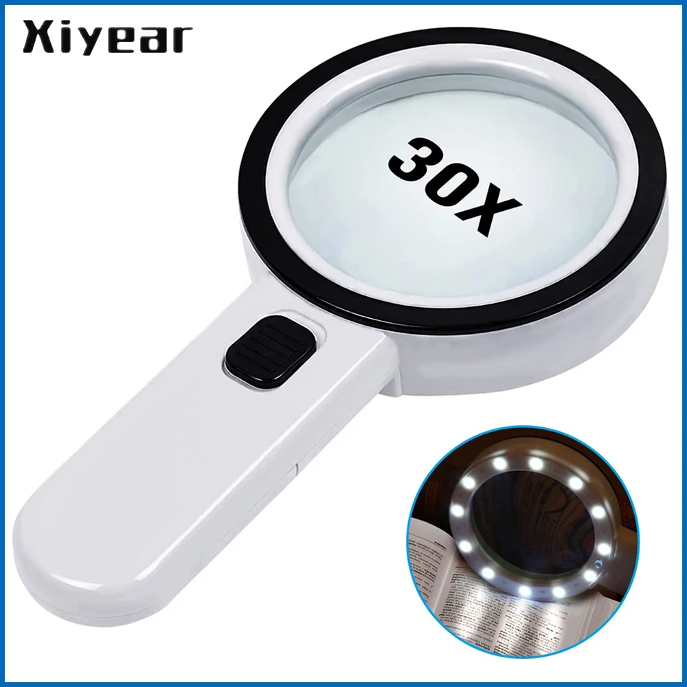 

Handheld 30X Illuminated Magnifier Loupe Jewelry Magnifying Glass With 12 LED Magnifiers For Seniors Reading Watch Repair