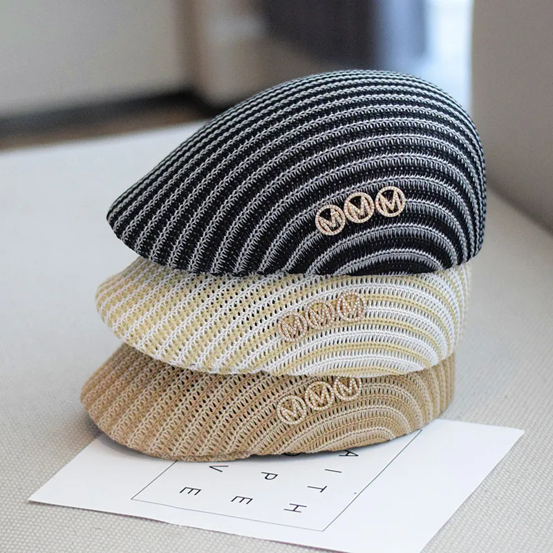 

202306-2508816 dropshipping summer striped m letter Breathable hollow out grass weaving Forward cap men women leisure visors hat