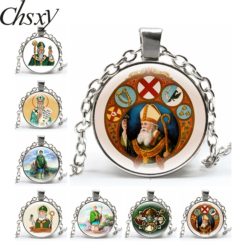 

Saint Patrick Necklace Ireland Patron Saint The Catholic Saints Photo Glass Dome Pendant Long Chain Men Women Religion Jewelry