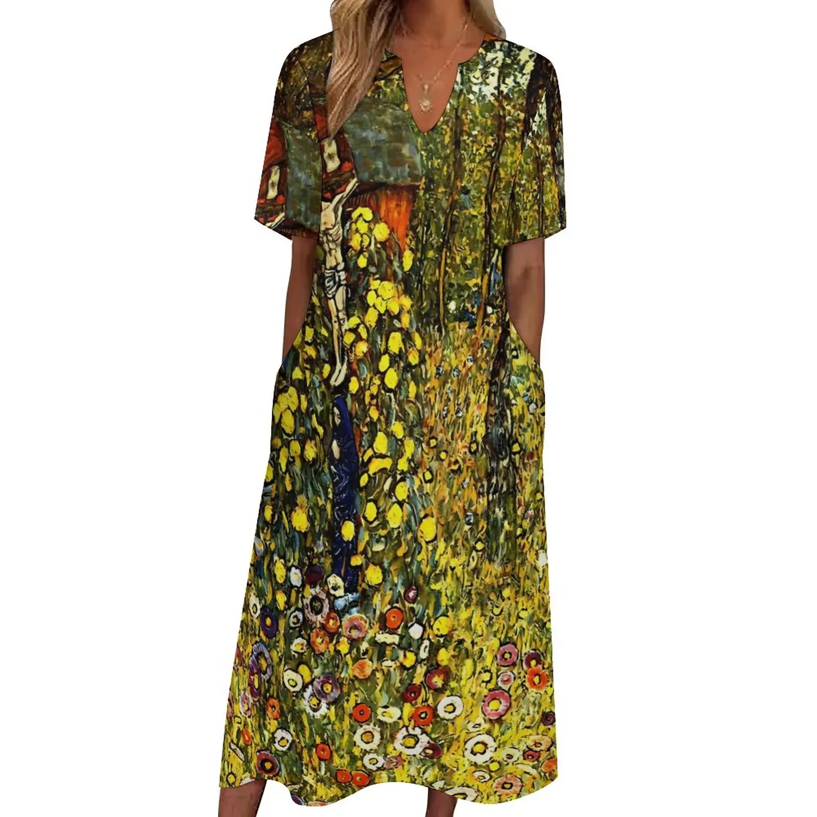 

Художественное платье Gustav Klimt, Элегантное макси-платье для фермерского сада, уличная одежда, длинные пляжные платья в стиле бохо, Одежда большого размера с коротким рукавом и графическим принтом