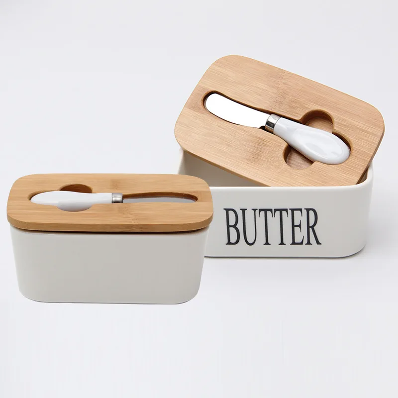 

Упаковочная коробка для масла MLIA Nordic, керамическая тарелка для масла с деревянной крышкой и ножом, белый лоток для хранения сыра, контейнер ...
