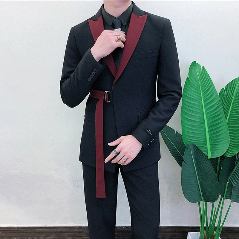 

Ternos Masculino 2022 Spring Long Sleeve Belt Decoration Korean Groom Men Slim Fit Weave Bring Full Dress Suit Man