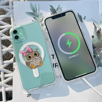 cute owl cartoon funny phone case transparent magsafe magnetic magnet for iphone 13 12 11 pro max mini wireless charging
