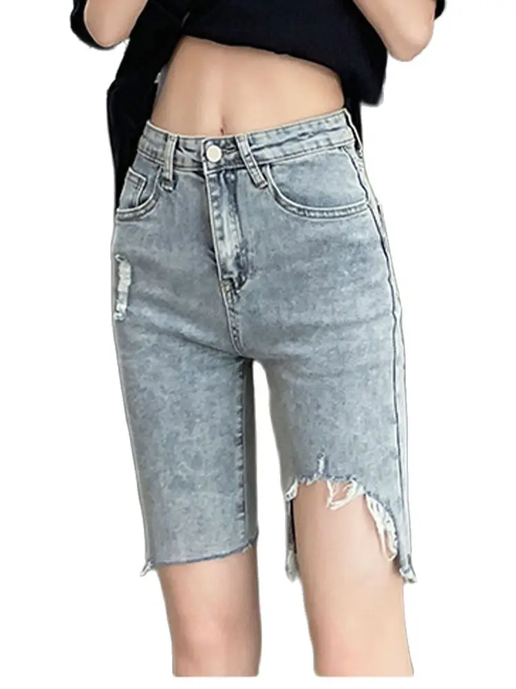 

Casual Five-Point Jeans 2022 Summer New High-Waisted Ripped Jeans Tight-Fitting Thin Stretch Pants Fashion Women'S Clothing