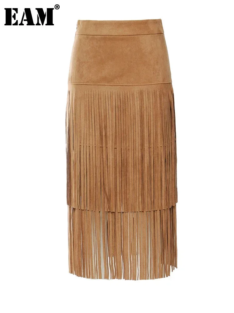 Женская Асимметричная юбка EAM длинная цвета хаки с высокой талией и кисточками