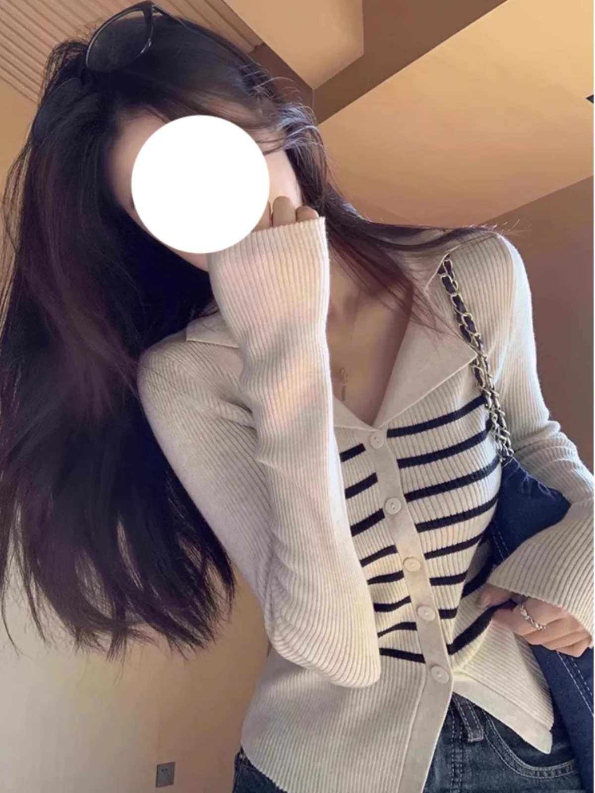 Вязаный кардиган в полоску с лацканами для женщин 2024 весна осень и зима