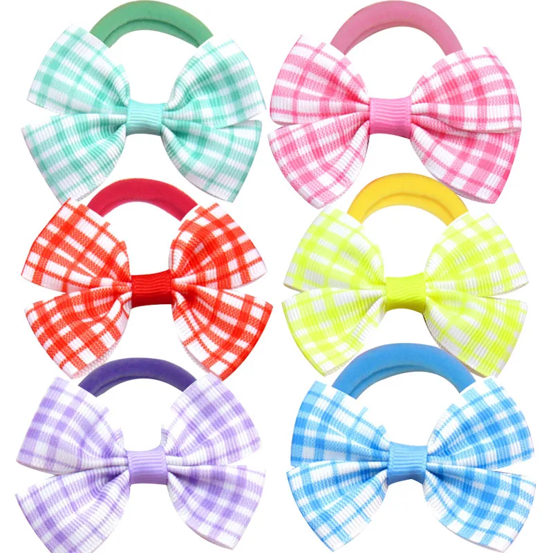 

24PCS/LOT Lattice Print Ribbon Bow Kids Elastic Hair Bands Elastic Small Girls Vintage Hair Accessories For Women Free Shipping