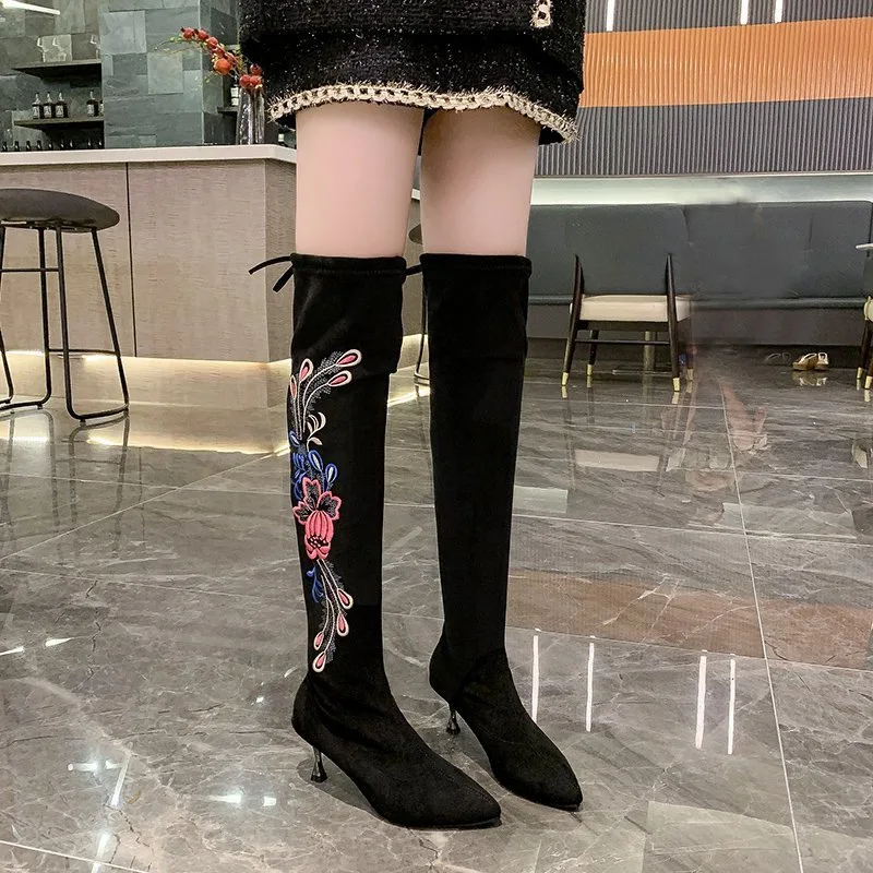 

Women Over-the-Knee Boots 2022 New Elastic Stretch Autumn Winter Flock Embroider High Heel Slip on Shoes Sexy Female Long Boots