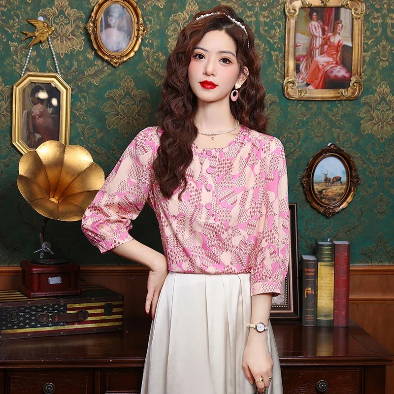 Женская шифоновая блузка с круглым вырезом свободного покроя