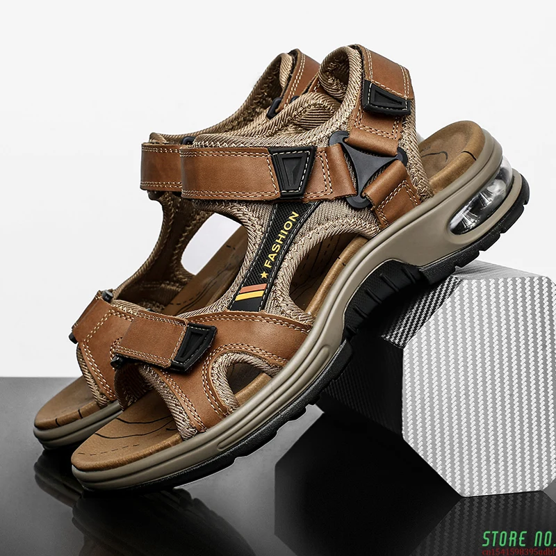 

Sandals leather men's first layer cowhide gladiator Roman men's beach sandals cushion soft wading shoes