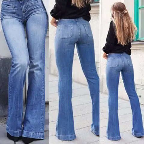 Women's Flared Jeans Stretch Fashion High Waist Vintage Casual Full Length Slim Streetwear Wide Leg Flare Pants