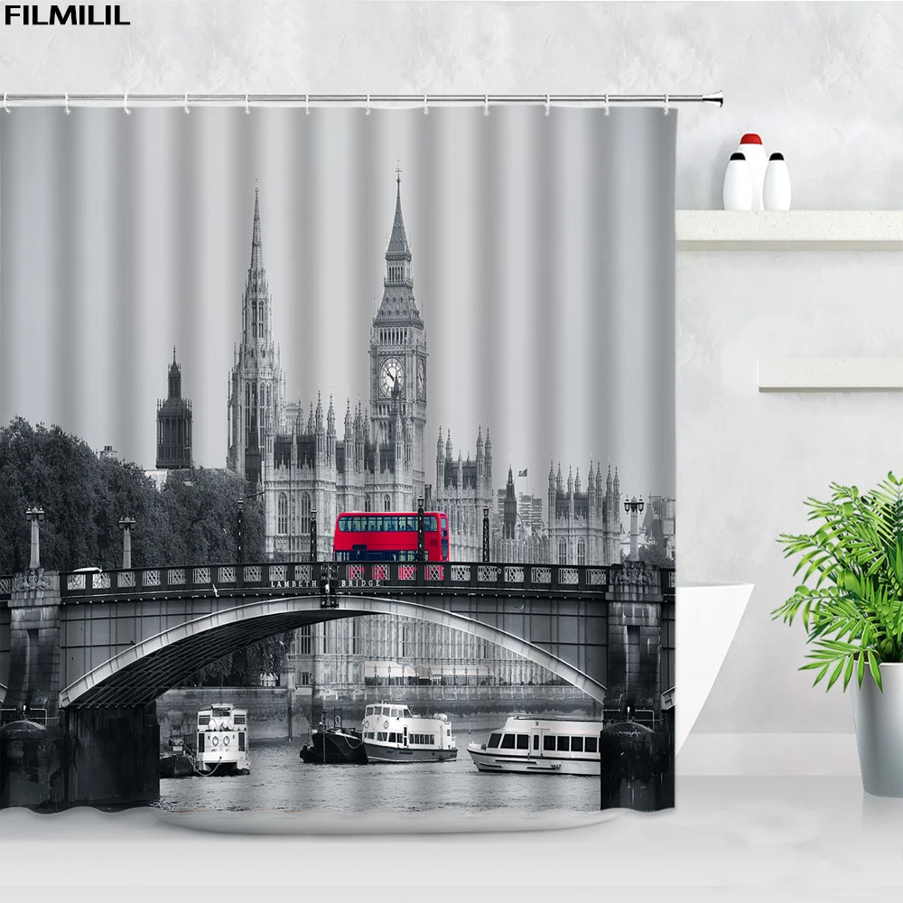london street view shower curtains big ben red phone booth bus printing retro wall decor cloth screen hooks bathroom curtain set free global shipping