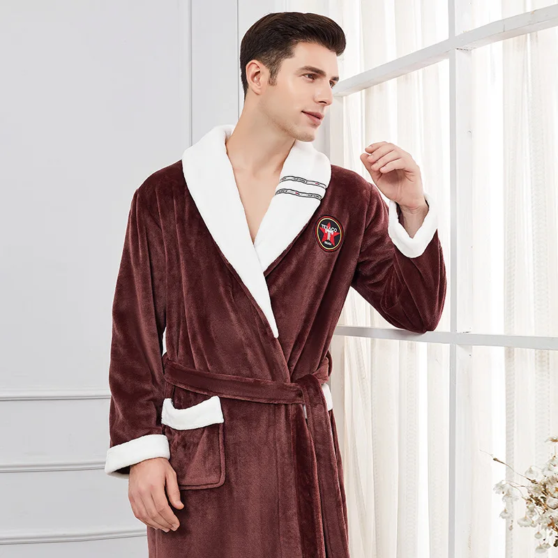 Мужской зимний очень длинный плотный теплый фланелевый банный халат в клетку для