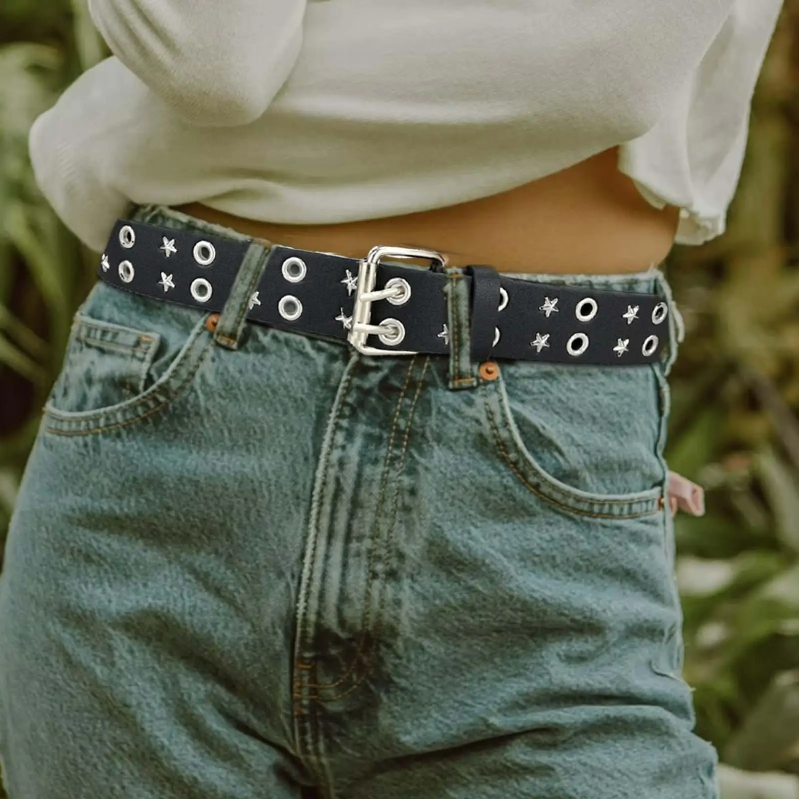 

Unisex Punk Belt 2 Hole Grommet Jeans Belt Decorative Belt Adjustable Casual Gothic Pin Buckle Waist Belt
