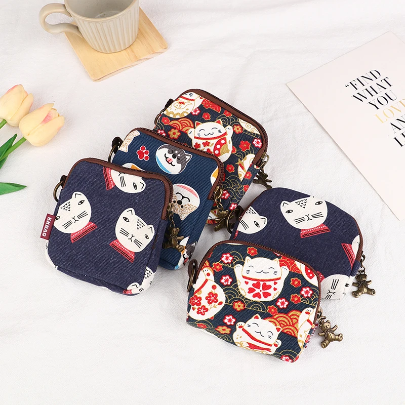 

Retro Mini Bag Women Coin Purses Cute Cartoon Short Wallet Girls Canvas Small Cat Puppy Purse Card Bags Womens Hand Purses 1Pc