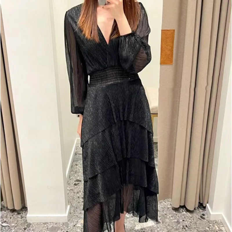 

2023 Early Autumn V-neck Lantern Sleeve Elastic Waist Dress Women