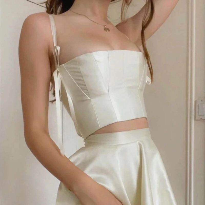 

Summer Fashion Slim Cute Sweet Solid Color Backless Bandage Sleeveless SML Women Casual Satin Sets Short Camis & A-line Skirt