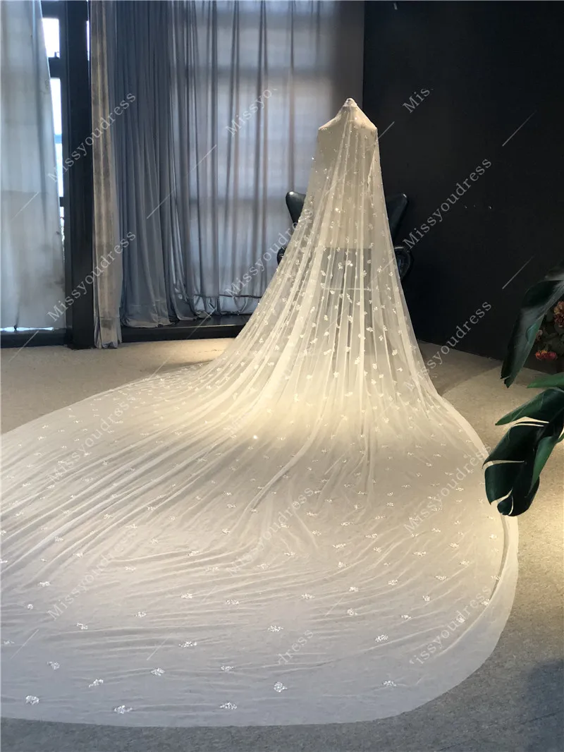 

100%Real Photos High Quality Luxurious Heavy Beads Wedding Veil 5 Meters White Ivory Bridal Veil Bride Wedding Accessories