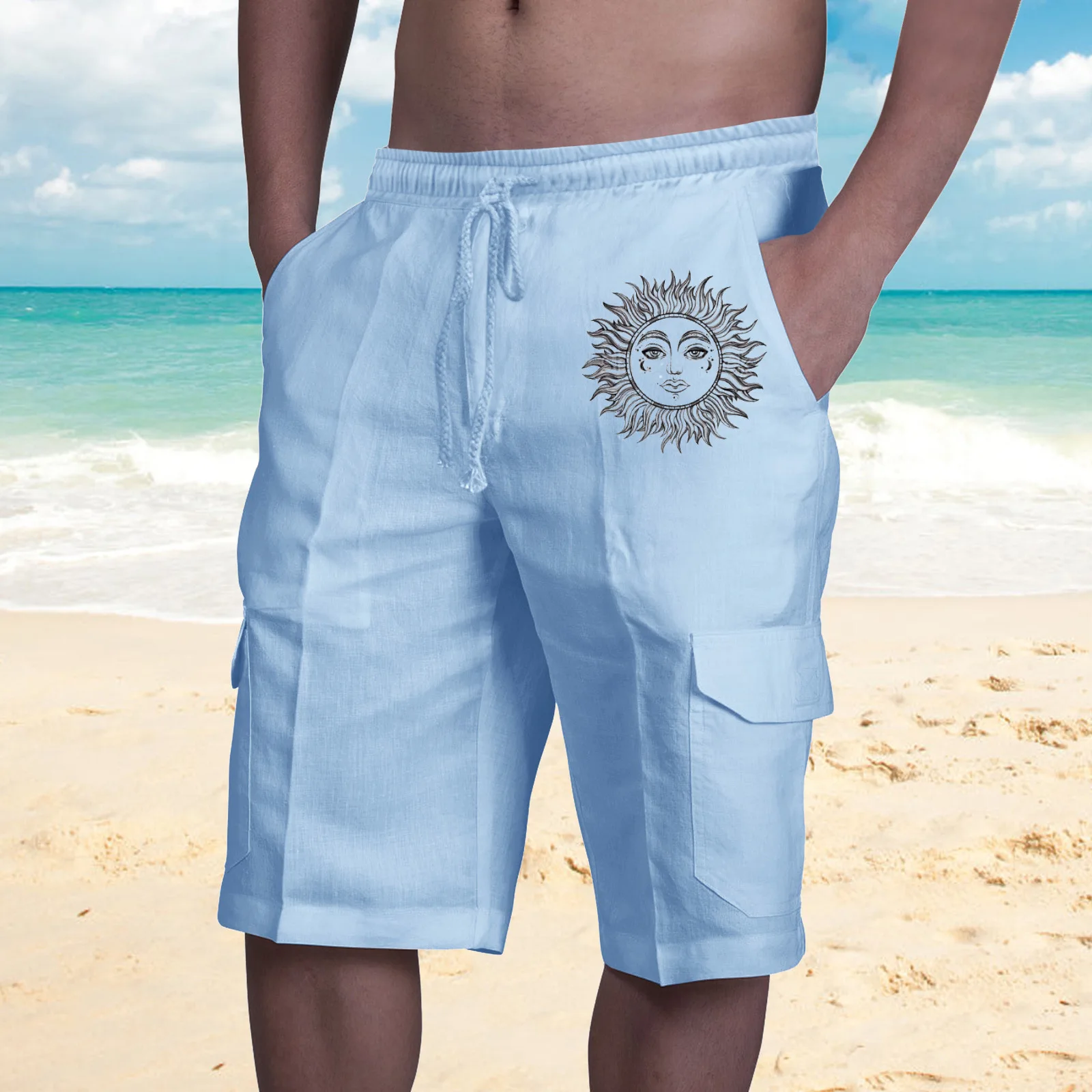 

New Cotton Linen Shorts Men Pants Summer Solid Sun Butterfly Print Loose Drawstring Short Trousers Men Streetwear Beach Shorts