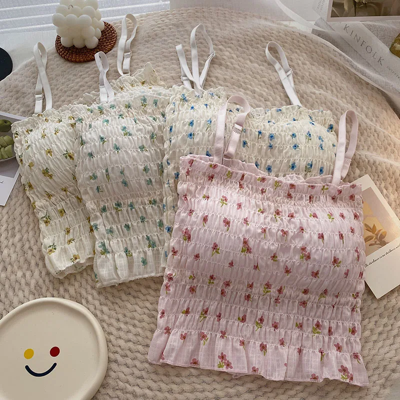 

Floral Printed Camisole Woman Summer Sweet Spaghetti Strap Tank Top Female with Built In Bra Corset Women Clothing Dropshipping
