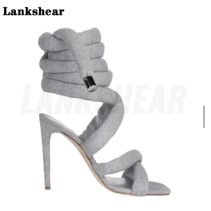 Grey Ring with Super High Heel Cross Strap Sandals Square Toe Stiletto Women's Sandals Foot Fashion Catwalk Sandals Women