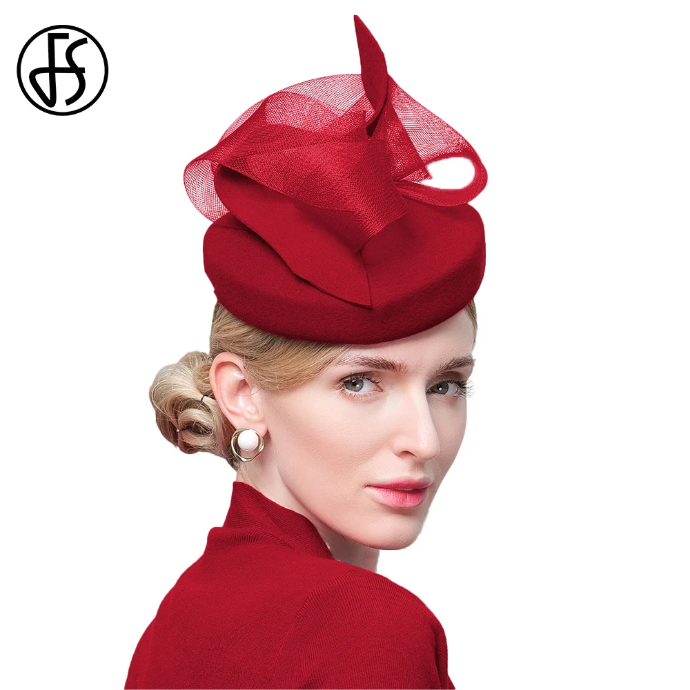 

FS 2022 Ladies Wool Fedoras Wine Red Hats With Veil Wedding Church Tea Party Fascinator French Black Berets Winter Pillbox Cap