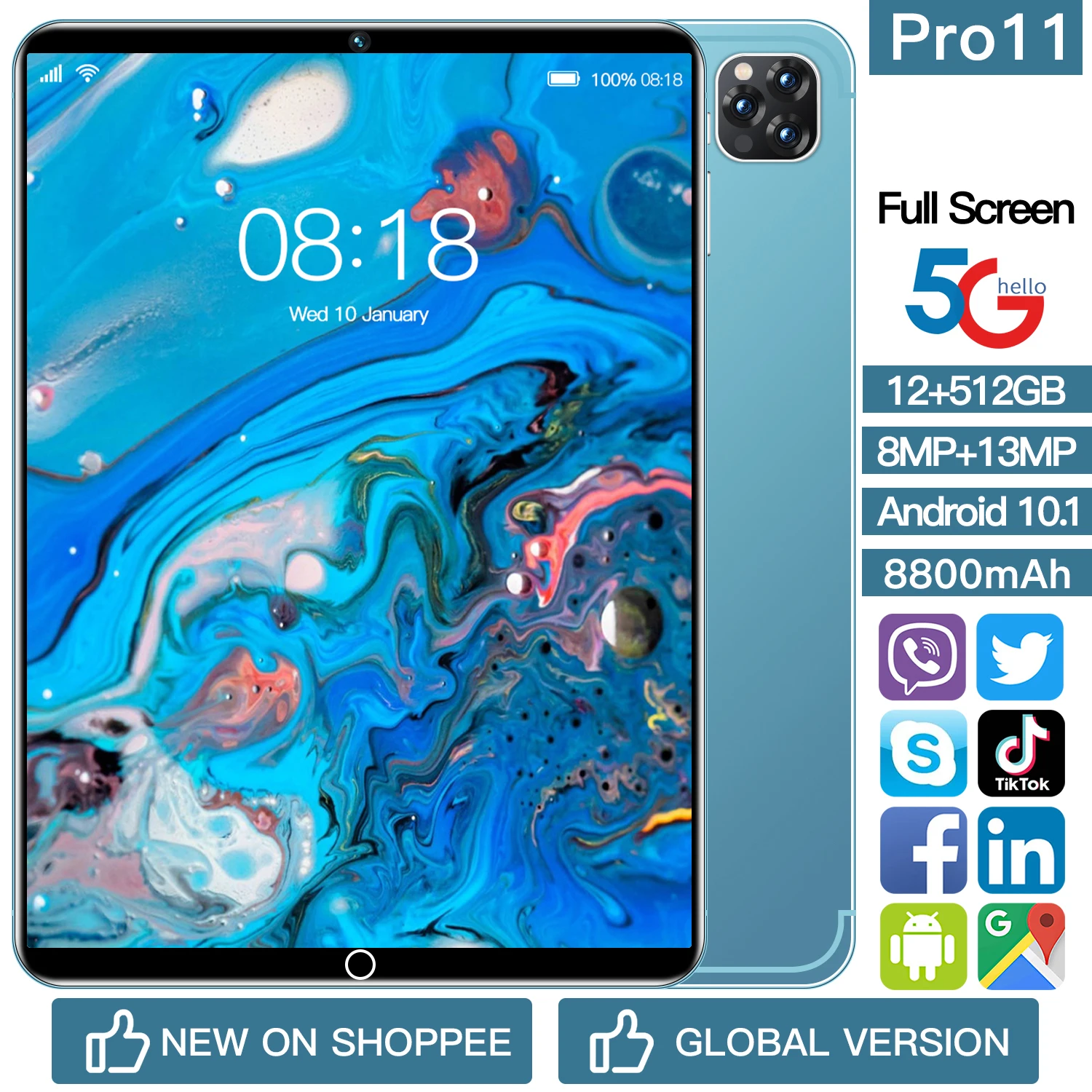 

Global Firmware 5G Tablet P11 pro 10.1 Inch Tablete Full HD Screen Tablets Android 10 Dual Sim 8800mAh Tablette P11 pro Android