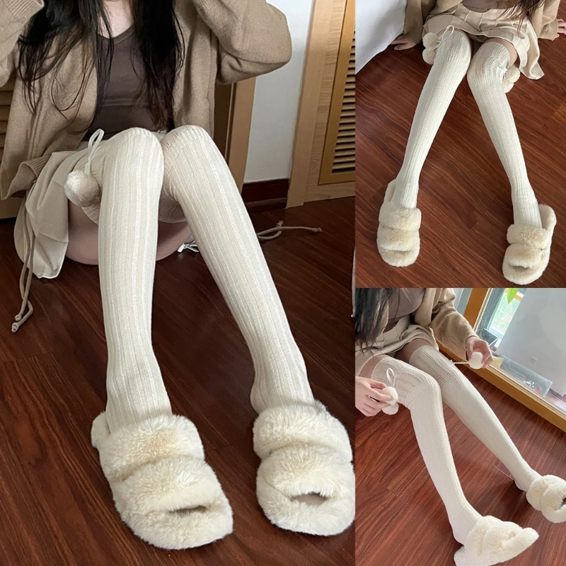 

MXMA Autumn Ribbed Knitting Solid Color Balls Bowknot Thigh High Long Socks for Women
