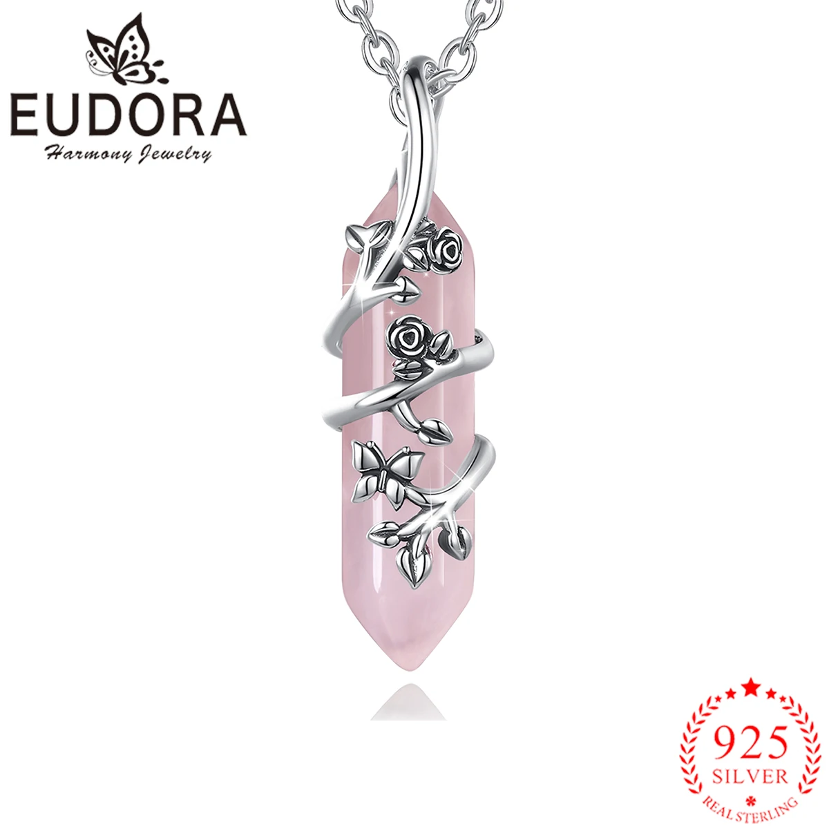 

Eudora 925 Sterling Silver Rose Flower Wire Wrapped Hexagon Prism Pink Crystal Healing Reiki Pendant Necklace for Women Gift
