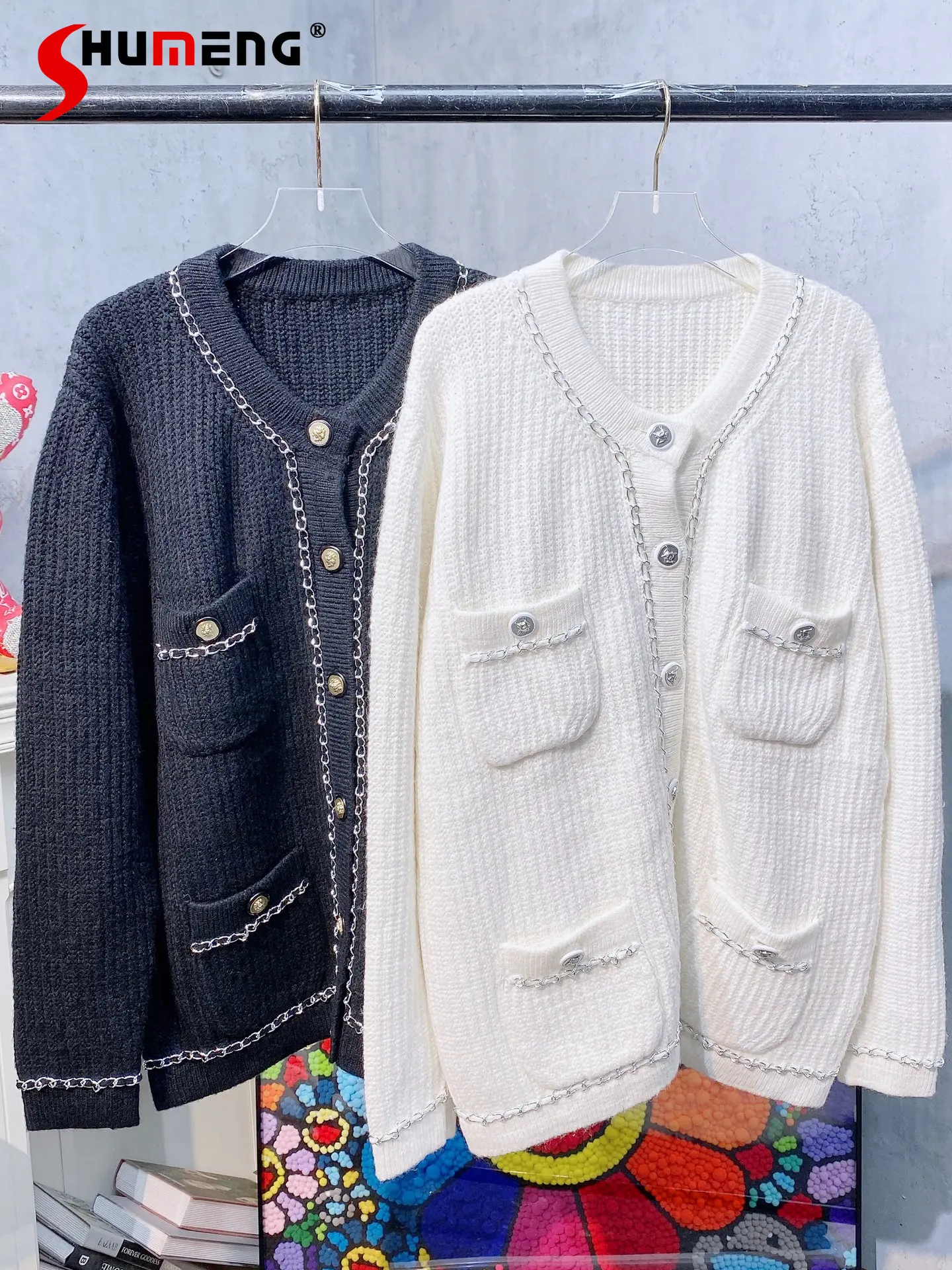 New Women's Fashion Elegant Chain Edge Vintage Knitted Top Ladies Autumn Winter Simple Loose Round Neck Sweater Cardigan Coat