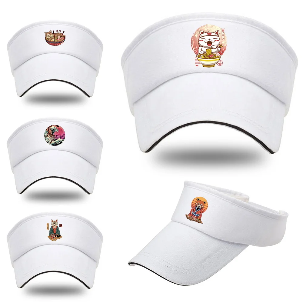 

Women's Summer Sun Caps All Cotton Sunscreen Empty Top Hat Men Outdoor Sport Tennis Golf Baseball Cap Japan Cat Print Beach Hats