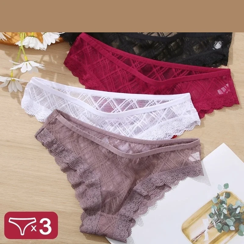 

New 3PCS/Set Women Panties Sexy Underwear Lace Panties Lingerie Female Floral Lace Briefs Perspective Design Ladies Pantys