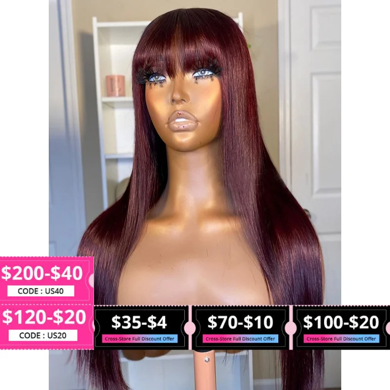 99J Burgundy Red Long Human Hair Wig with Fringe for Women Straight Remy Hair Wigs Full Machine Made  With Bangs