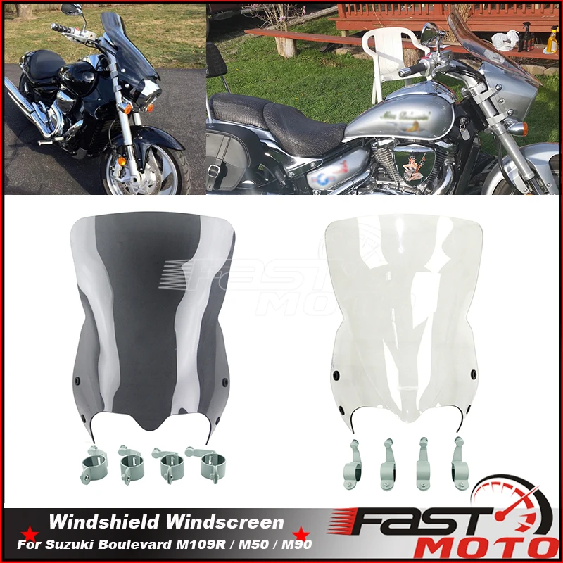 Motorcycle Windscreen Windshield Wind Screen Shield Front Deflector W/ Mount Clamps For Suzuki Boulevard M109R M50 M90 2006-2016