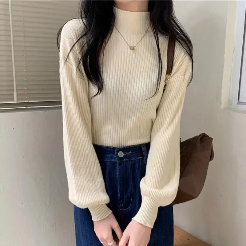 

Autumn and Winter Sweater Women's Half Turtleneck Lantern Sleeve Solid Color Sweater Knitted Top Women's Pullover Dropshipping