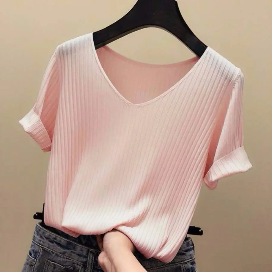

Pink beauty Summer Thin Ventilation Office Lady Cloth Women T-shirts Knitting Crop Short Sleeve Stretchy T-shirt Ice silk Tops