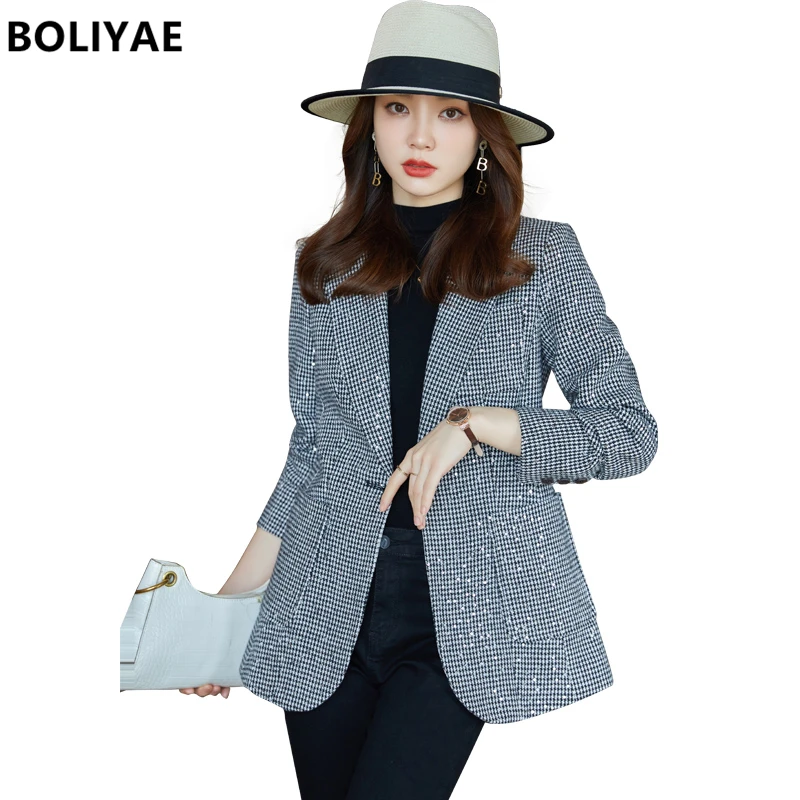 2022 New Women Fashion Tweed Blazer Plaid Checkered Wool Coat Vintage Long Sleeve Female Outerwear Chic Femme Suit Jacket Tops