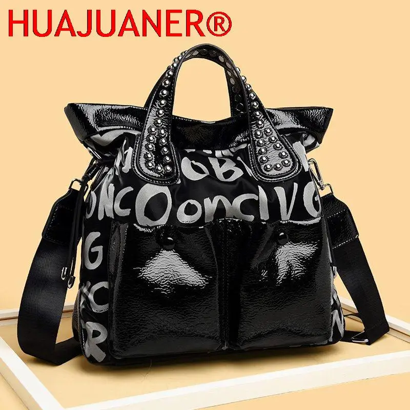 

Модная Фирменная женская сумка с заклепками и надписью, высококачественные кожаные роскошные сумки через плечо, дизайнерская черная сумка-мессенджер большой вместимости