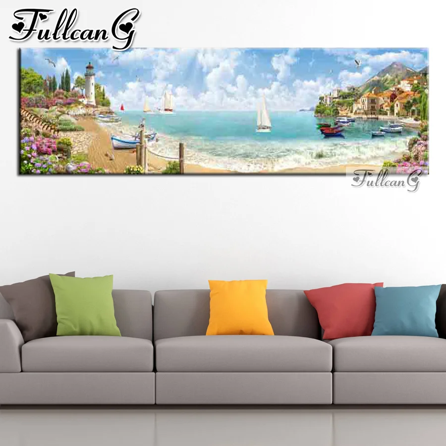 

FULLCANG seaside lighthouse house Diamond Painting cross stitch large diy rhinestone embroidery sailboat mosaic picture FG1233