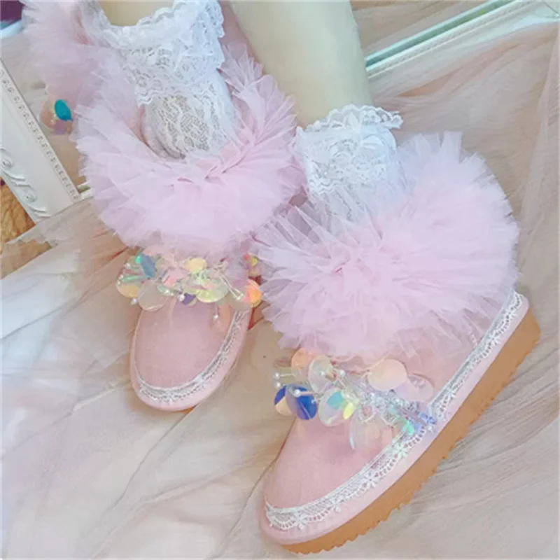 Розовые зимние сапоги с блестками и бисером сетчатые кружевные ручной работы на