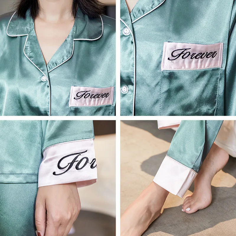 Spring and Summer Silk Couple Pajamas New Men's and Women's Long-sleeved Ice Silk Solid Color Thin Home Service Two-piece Set