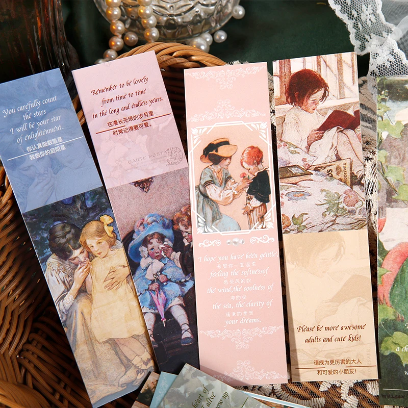 

30Pcs Paper Bookmarks Box Retro Cartoon Characters School Handbooks Material Gifts Paper Supplies Scrapbooking 152*42mm