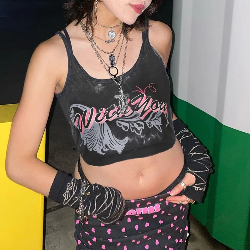 

WeiYao Harajuku Graphic Printing Y2K Tank Tops Letter Print Fairycore Grunge Cropped Tee With Sleeves Aesthetic Sexy Vest
