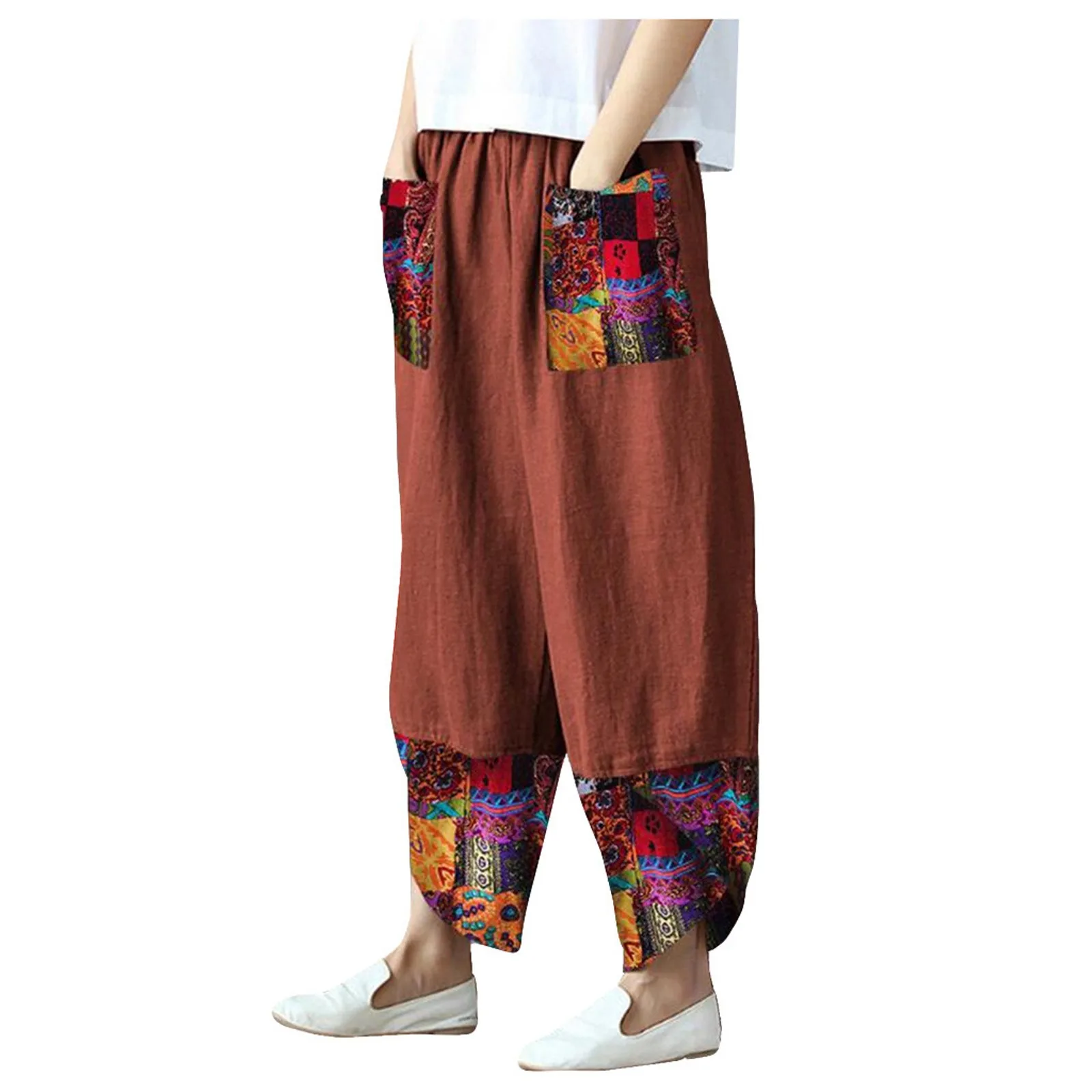 

wide casual irregular women leg cotton pants patchwork loose print pants cotton casual pants for women